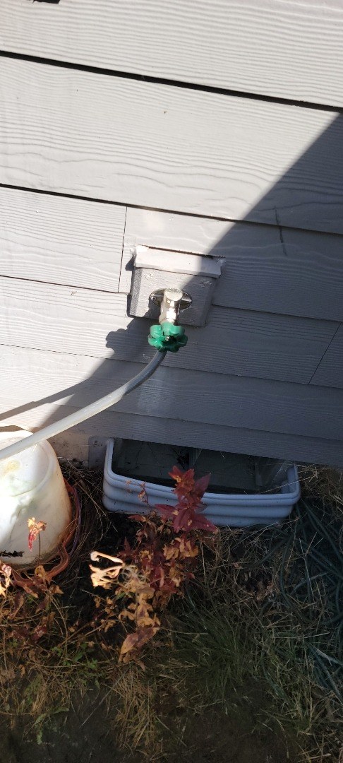 New chrome frost-free hose bib with a green handle on gray lap siding, with a garden hose attached