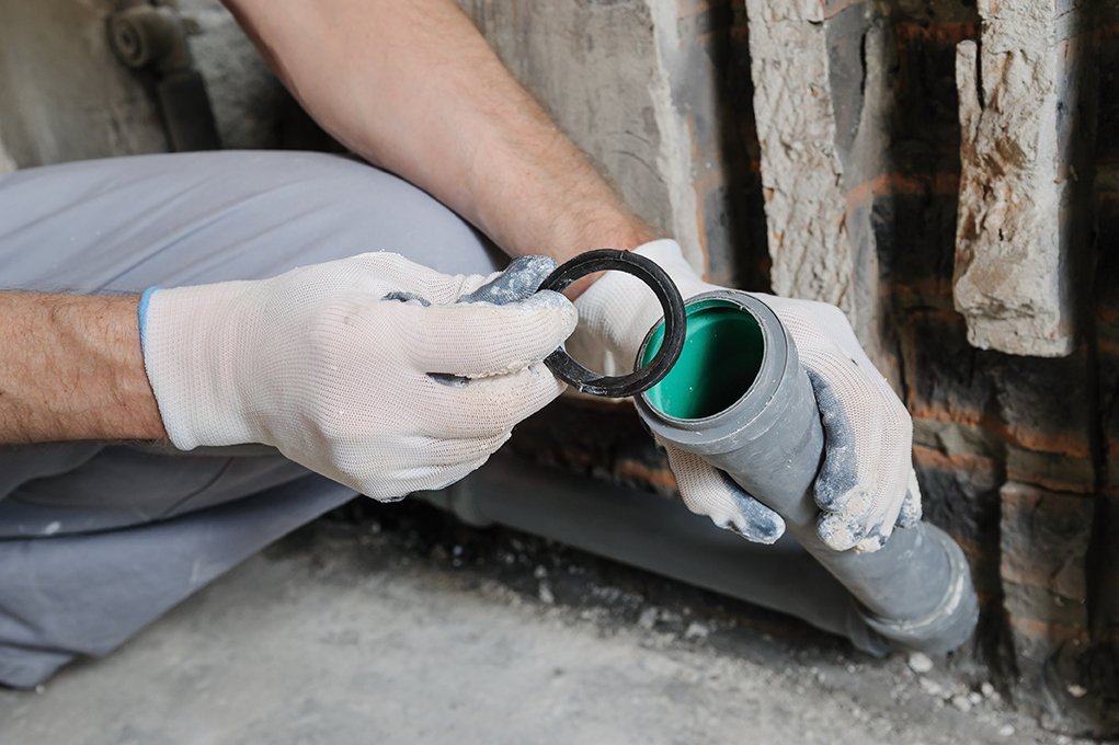Gloved hands fitting a rubber seal ring onto a grey drain pipe beside a brick wall